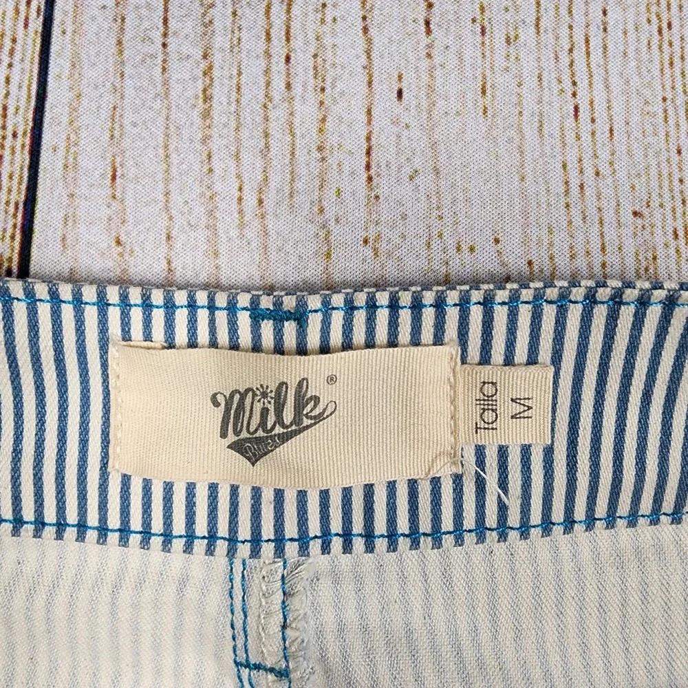 Milk Blues Teal & White Striped Denim Mini‎ Skirt Button Front Pockets Medium